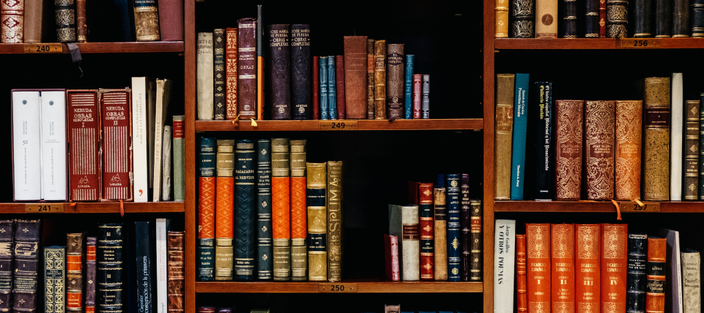 Variety of books on wooden library shelves