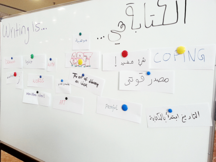english and arabic poetry on cards on a whiteboard